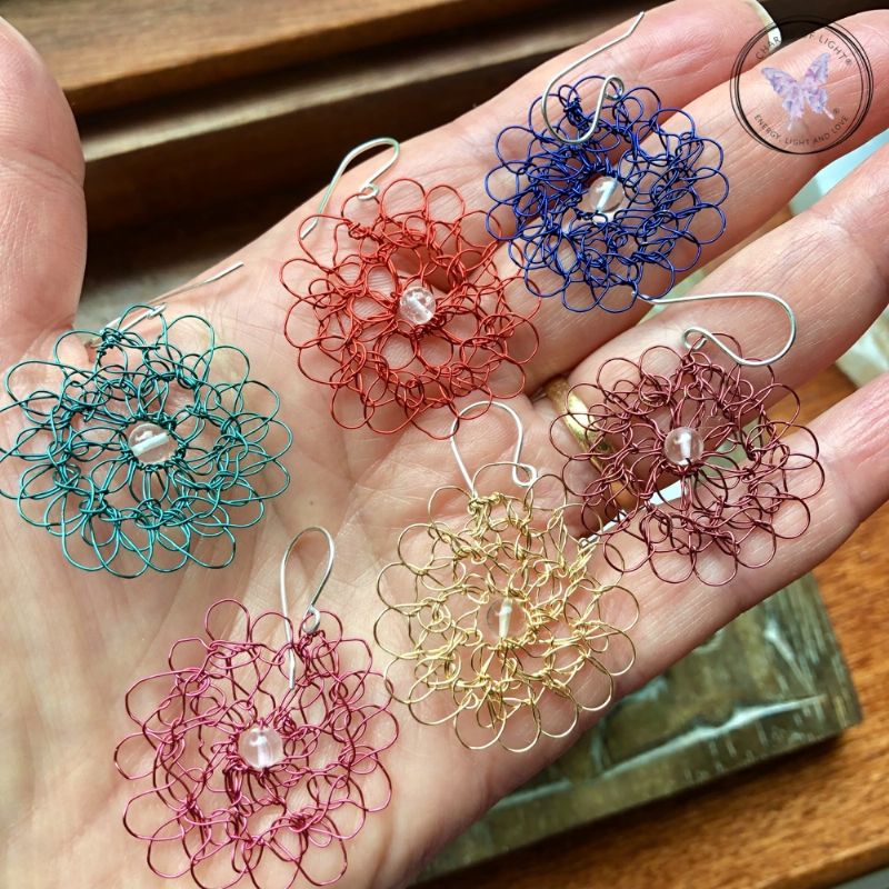 Copper Wire Crochet Medallion Earrings With Clear Quartz (Burgundy)